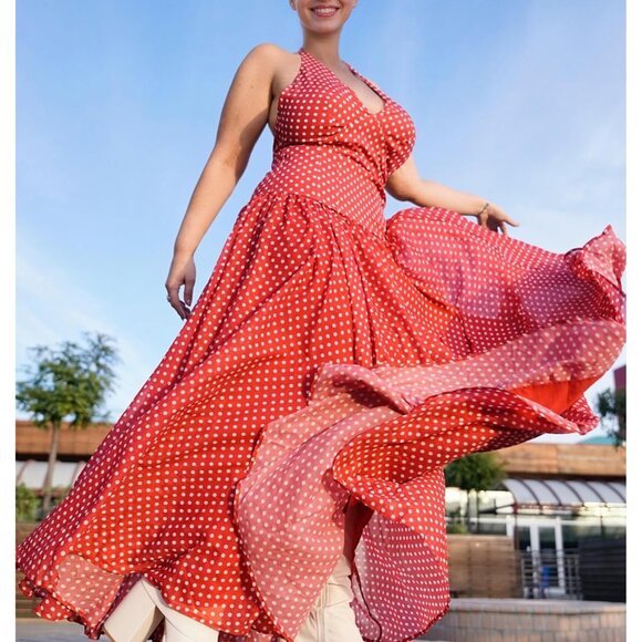 Women's Polka Dot Maxi Dress Polyester Spandex Halter Neck Party Beach Wear - Picture 4 of 6